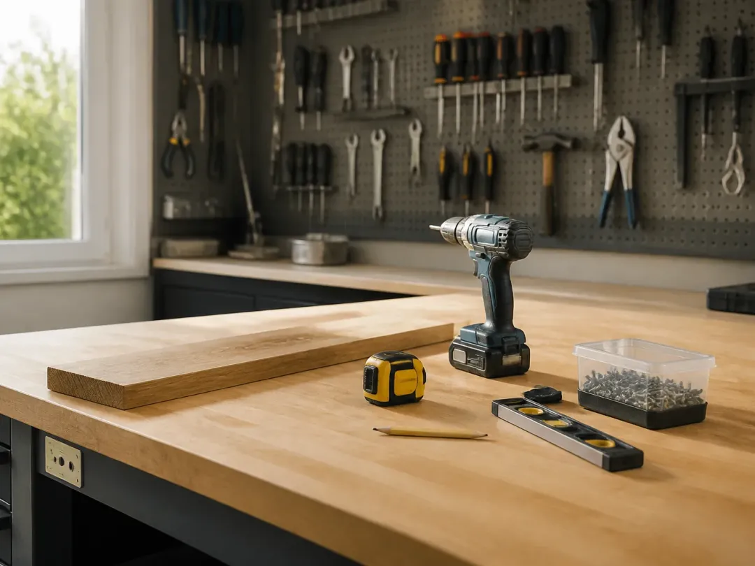 Établi de garage avec perceuse sans fil, mètre ruban, niveau à bulle et outils suspendus à un panneau perforé