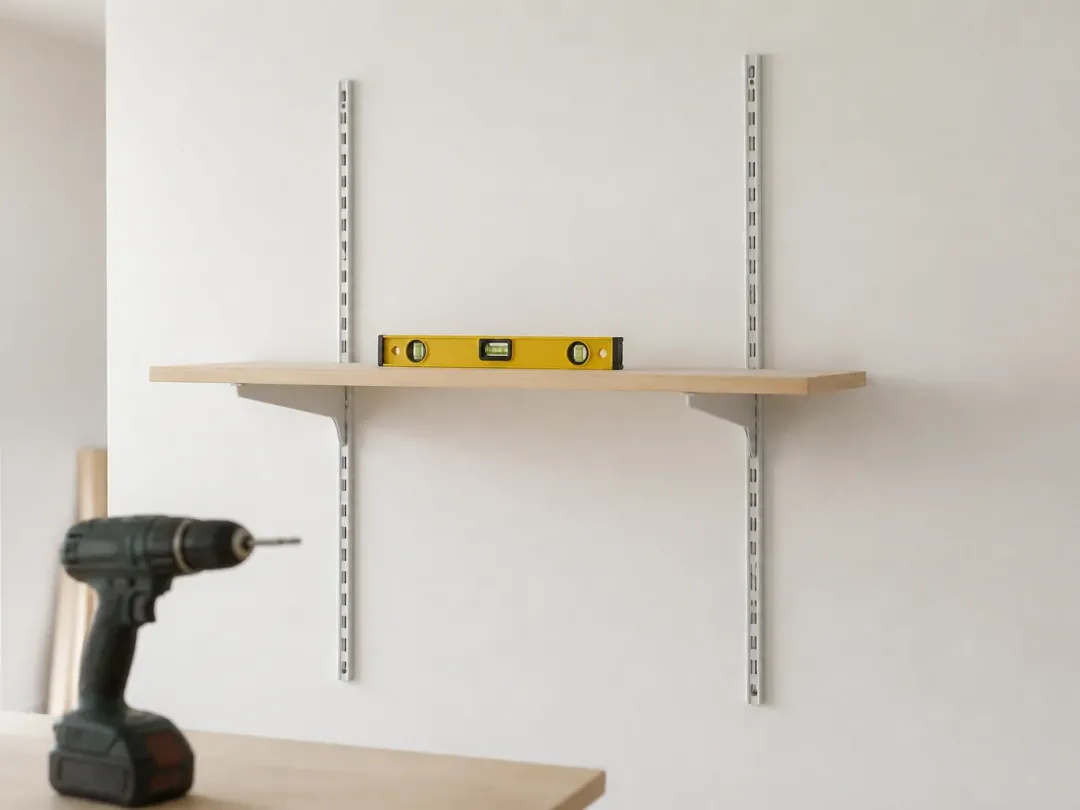Deux crémaillères vissées sur un mur blanc portant une tablette en bois clair, niveau à bulle posé dessus et visseuse au premier plan