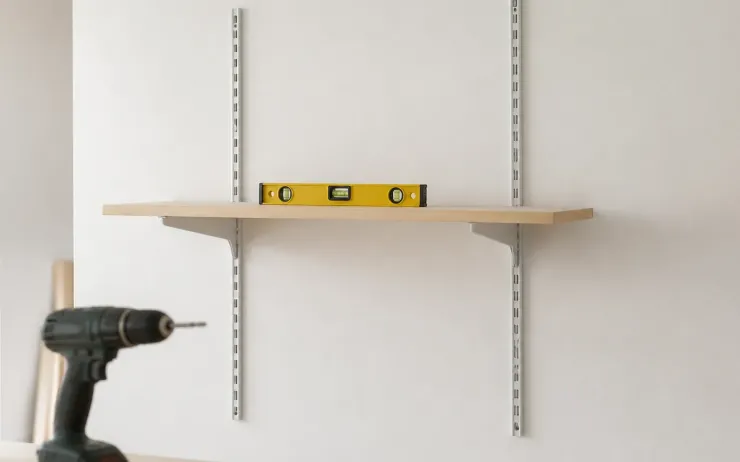 Deux crémaillères vissées sur un mur blanc portant une tablette en bois clair, niveau à bulle posé dessus et visseuse au premier plan