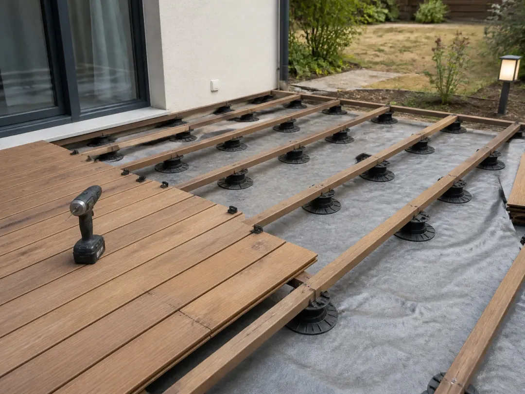 Structure de terrasse en cours de montage : lambourdes sur plots réglables posés sur un géotextile, premières lames vissées