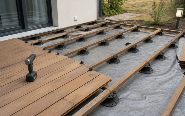 Structure de terrasse en cours de montage : lambourdes sur plots réglables posés sur un géotextile, premières lames vissées