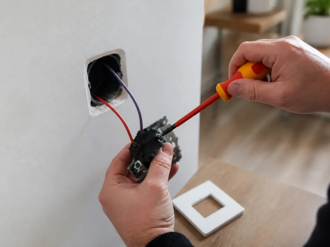 Mains serrant une borne de mécanisme d’interrupteur sorti de sa boîte murale avec un tournevis isolé, plaque de finition posée à côté