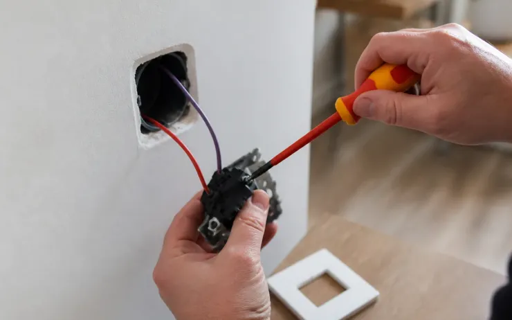 Mains serrant une borne de mécanisme d’interrupteur sorti de sa boîte murale avec un tournevis isolé, plaque de finition posée à côté