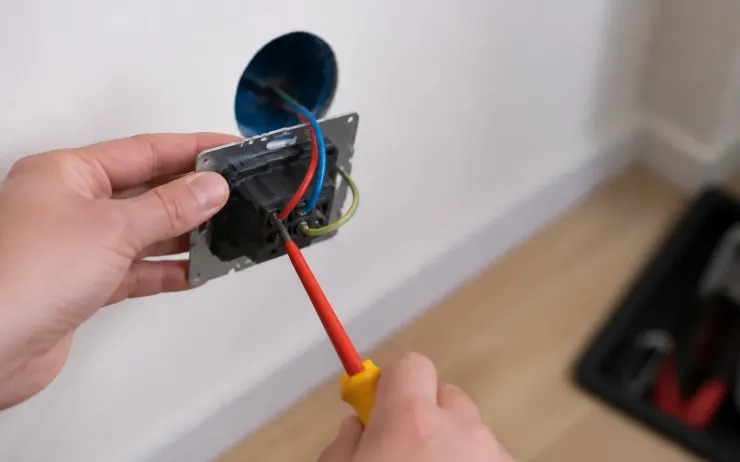 Mains tenant un mécanisme de prise sorti de sa boîte d’encastrement et serrant un fil avec un tournevis isolé