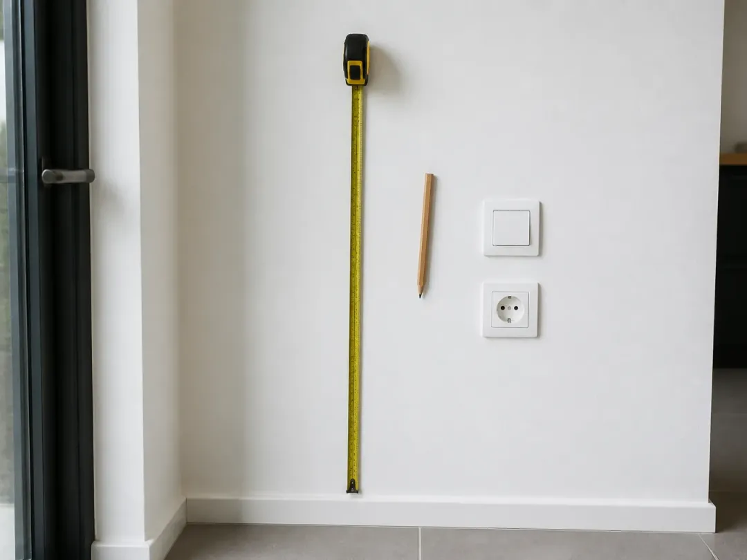 Mètre ruban déroulé verticalement contre un mur blanc, crayon, interrupteur et prise fixés au mur