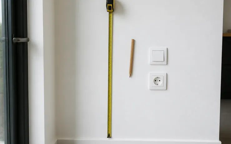 Mètre ruban déroulé verticalement contre un mur blanc, crayon, interrupteur et prise fixés au mur