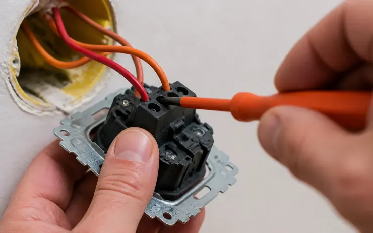 Gros plan sur des mains serrant un fil dans un mécanisme d’interrupteur à trois bornes sorti d’une boîte murale