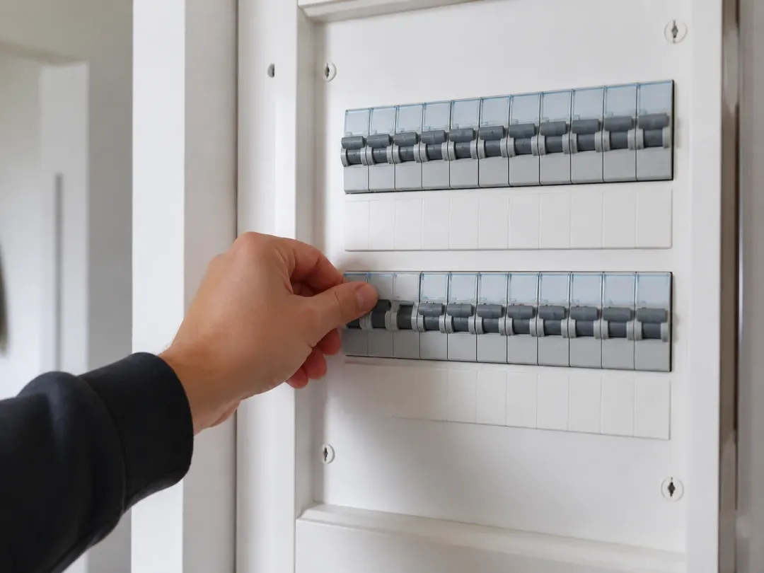 Main manœuvrant un disjoncteur dans un tableau électrique à deux rangées de modules, porte ouverte