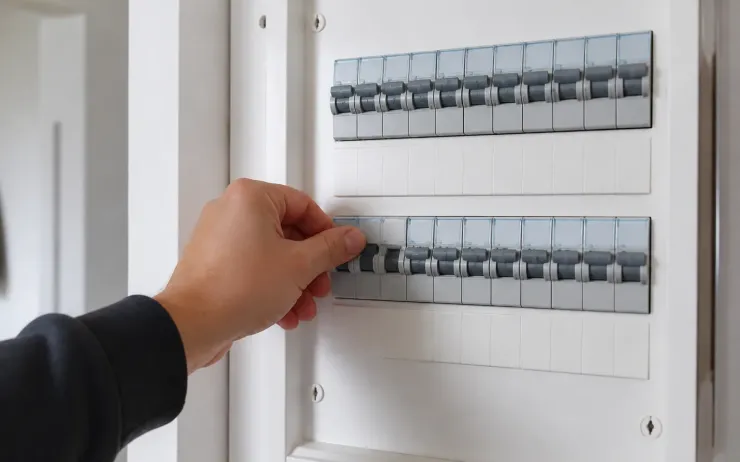 Main manœuvrant un disjoncteur dans un tableau électrique à deux rangées de modules, porte ouverte