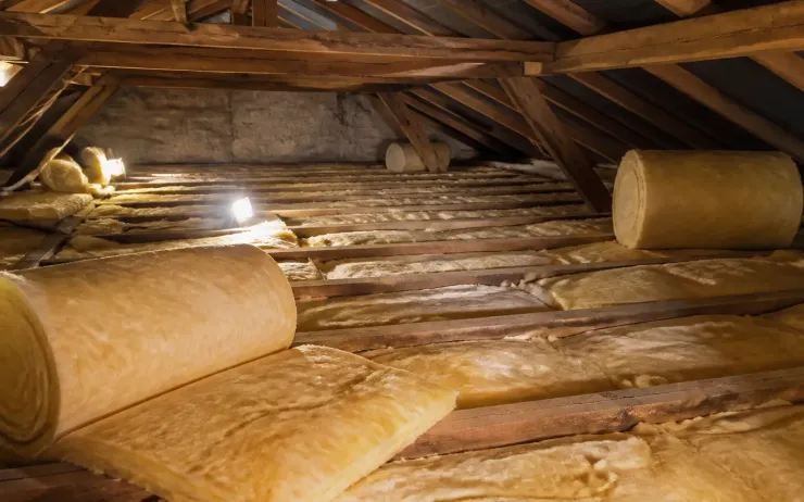 Rouleaux de laine minérale déroulés entre les solives de combles perdus