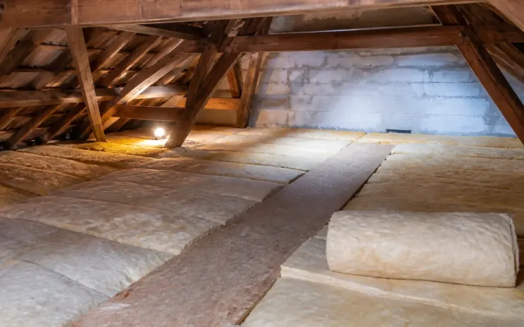 Combles sous charpente en bois dont le plancher est recouvert de laine isolante, rouleau entamé au fond