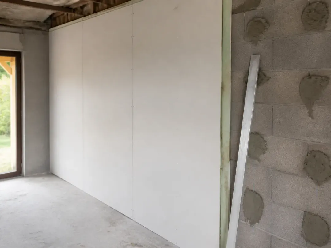 Pièce en travaux avec un mur doublé de plaques isolantes blanches, bloc de maçonnerie encore visible à côté