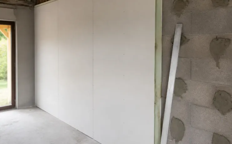 Pièce en travaux avec un mur doublé de plaques isolantes blanches, bloc de maçonnerie encore visible à côté