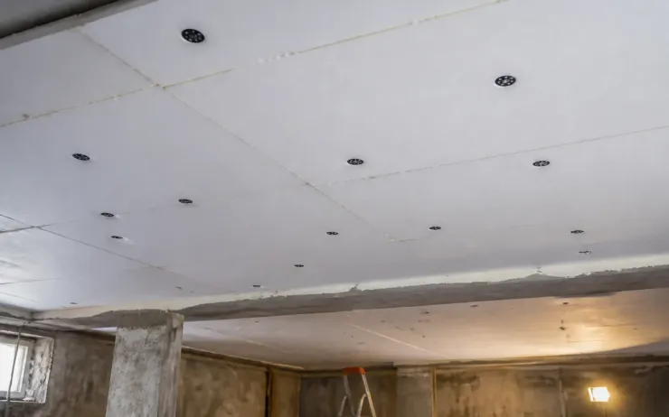 Plafond d’un sous-sol recouvert de panneaux isolants blancs fixés par des chevilles à rosace