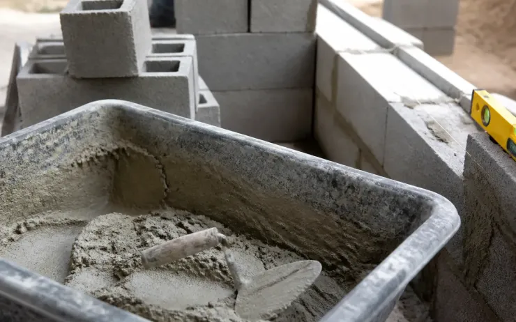 Auge de mortier, parpaings empilés et niveau à bulle sur un muret en construction