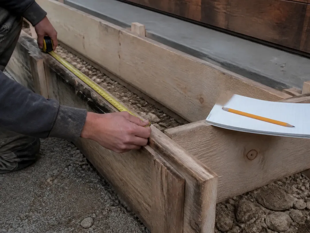 Mains mesurant au mètre ruban un coffrage en planches sur un fond de cailloux, carnet et crayon posés sur le bord