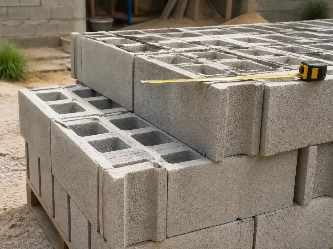 Parpaings creux en béton empilés sur une palette, mètre ruban posé sur le bloc du dessus