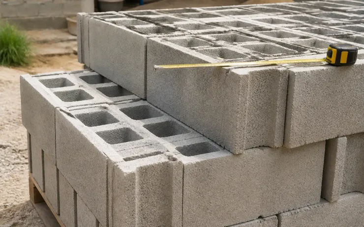 Parpaings creux en béton empilés sur une palette, mètre ruban posé sur le bloc du dessus