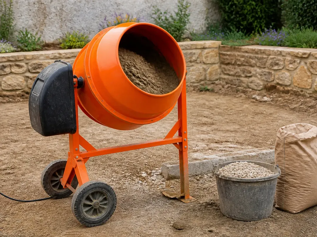 Bétonnière orange sur un chantier de jardin, seau de gravillons et sac posés au sol