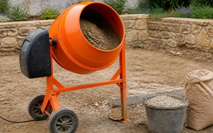 Bétonnière orange sur un chantier de jardin, seau de gravillons et sac posés au sol