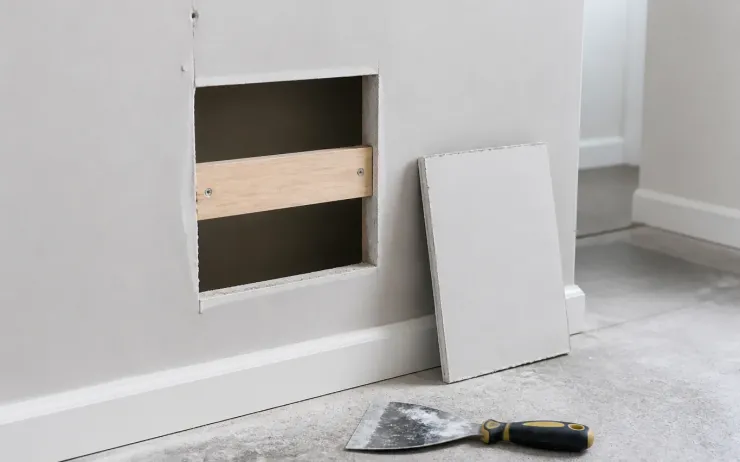 Découpe carrée dans une cloison en plaque de plâtre avec un tasseau de bois derrière, pièce de réparation et couteau posés au sol