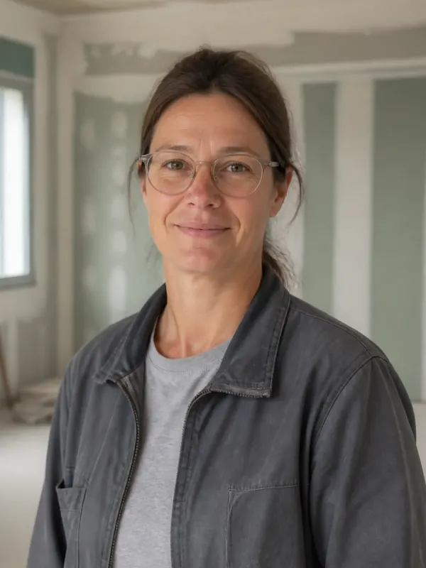 Portrait de Nadège Fourcassié, lunettes et veste de travail grise, dans une pièce en cours de rénovation