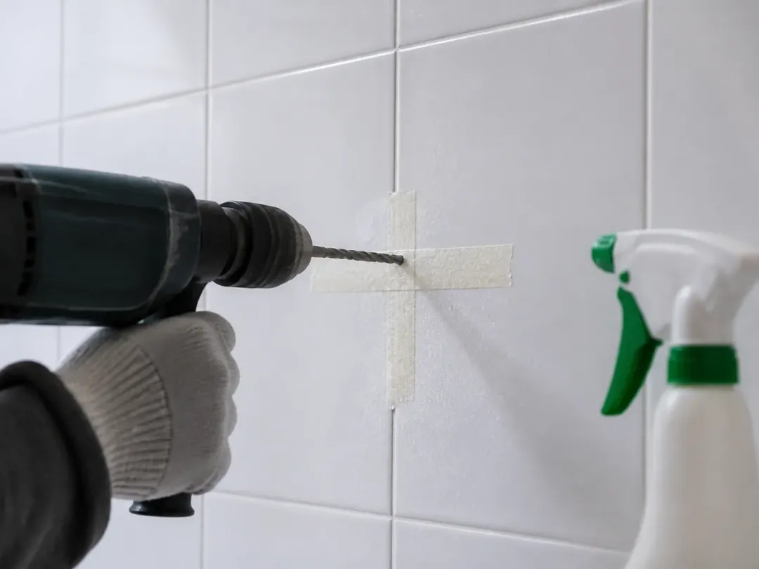 Perceuse sans marque perçant un carreau de faïence à travers un adhésif de masquage en croix, pulvérisateur d’eau à côté