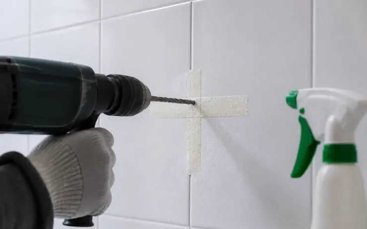 Perceuse sans marque perçant un carreau de faïence à travers un adhésif de masquage en croix, pulvérisateur d’eau à côté