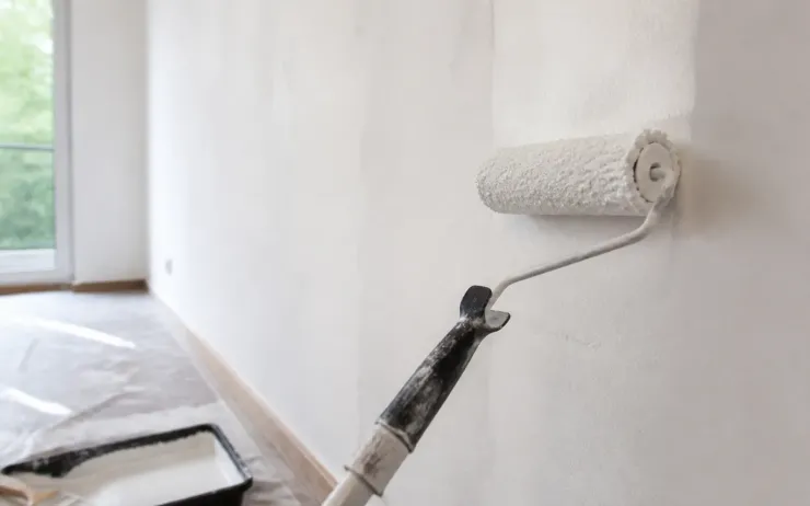 Rouleau chargé de peinture blanche sur un mur, bac à peinture posé sur une bâche