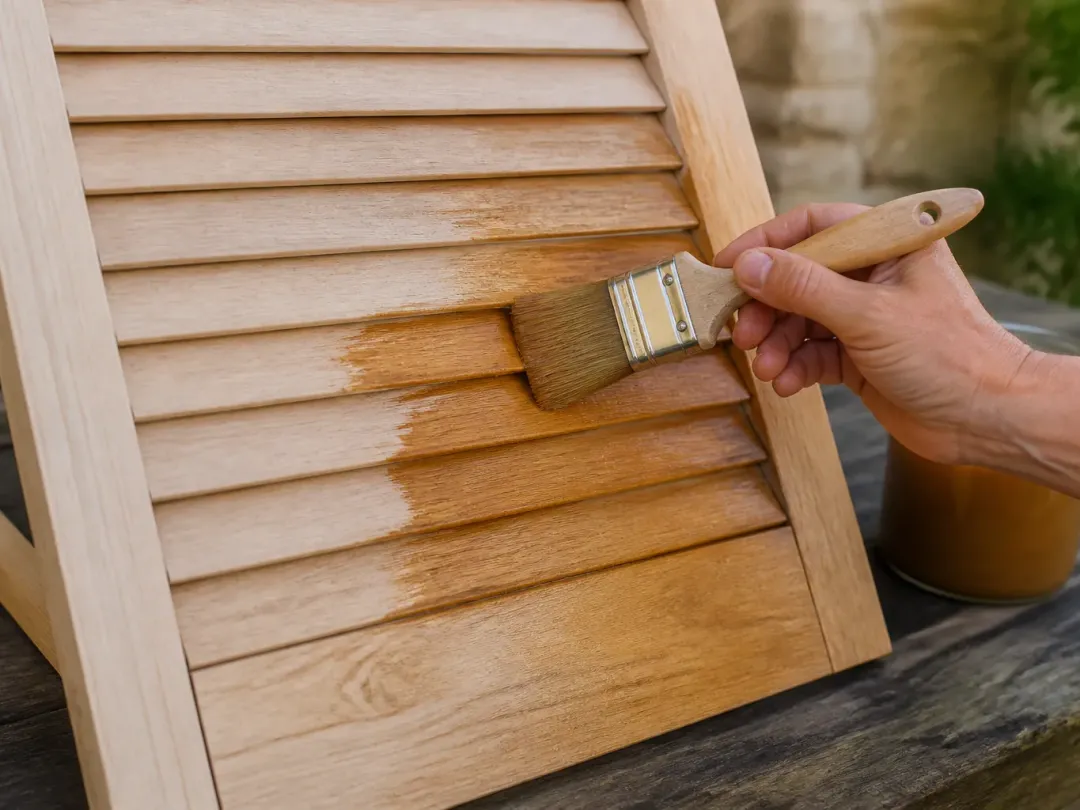 Pinceau appliquant une lasure couleur miel sur les lames d'un volet en bois, pot ouvert à côté
