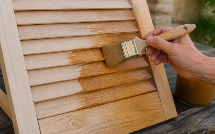 Pinceau appliquant une lasure couleur miel sur les lames d'un volet en bois, pot ouvert à côté