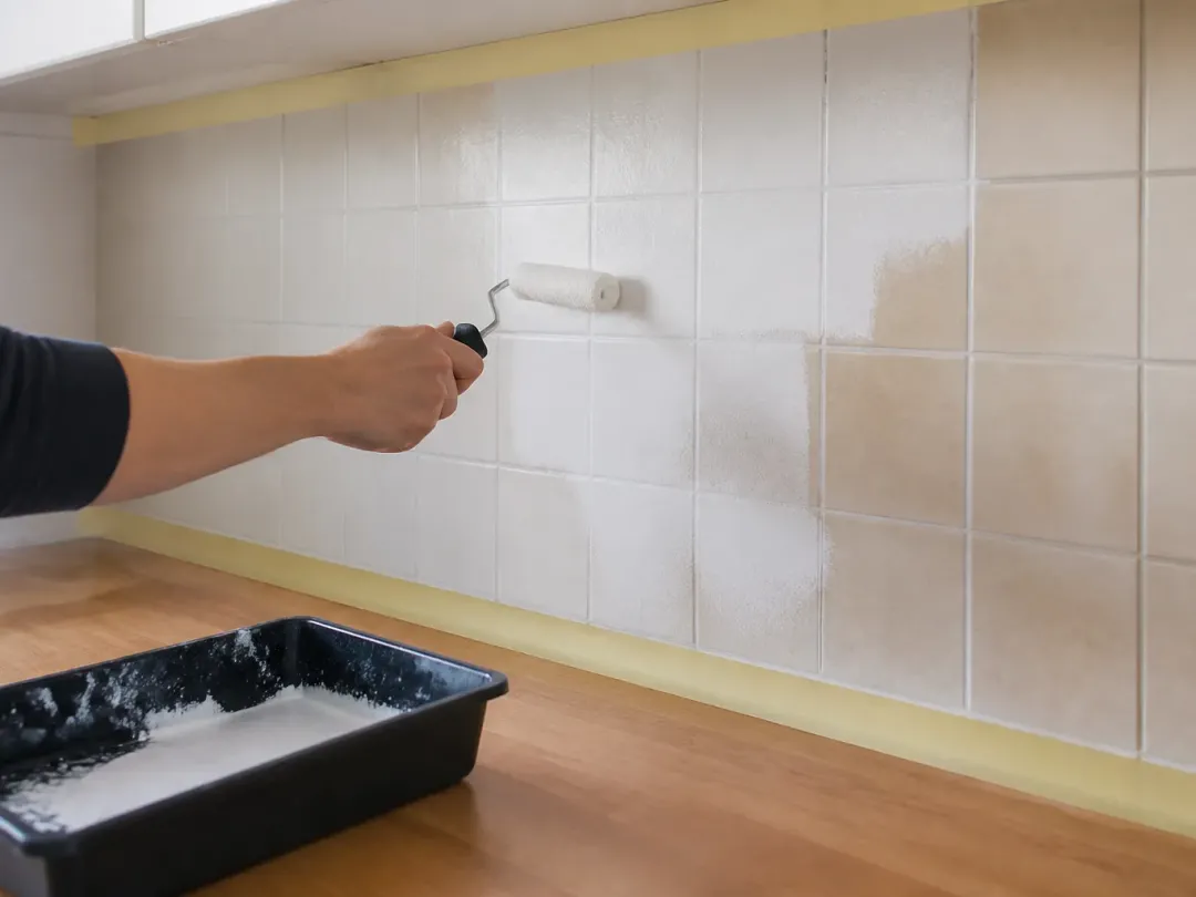 Petit rouleau passant une peinture blanche sur une crédence en carrelage, bac et ruban de masquage sur le plan de travail
