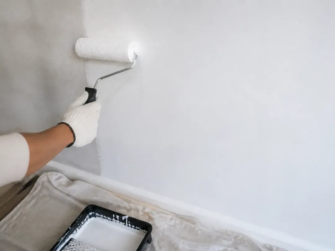 Main gantée passant un rouleau de peinture blanche sur un mur, bac à peinture posé sur une bâche