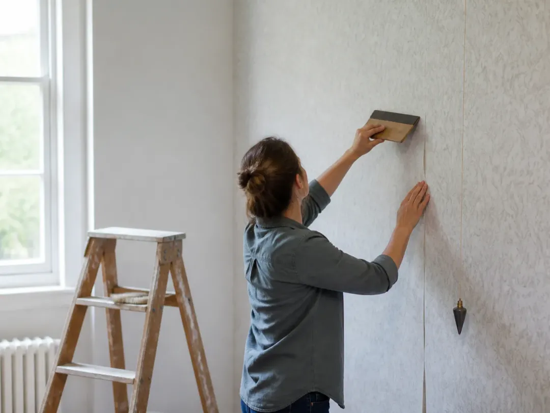 Personne lissant un lé de papier peint à la brosse sur un mur blanc, escabeau près de la fenêtre