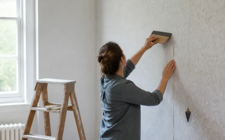 Personne lissant un lé de papier peint à la brosse sur un mur blanc, escabeau près de la fenêtre
