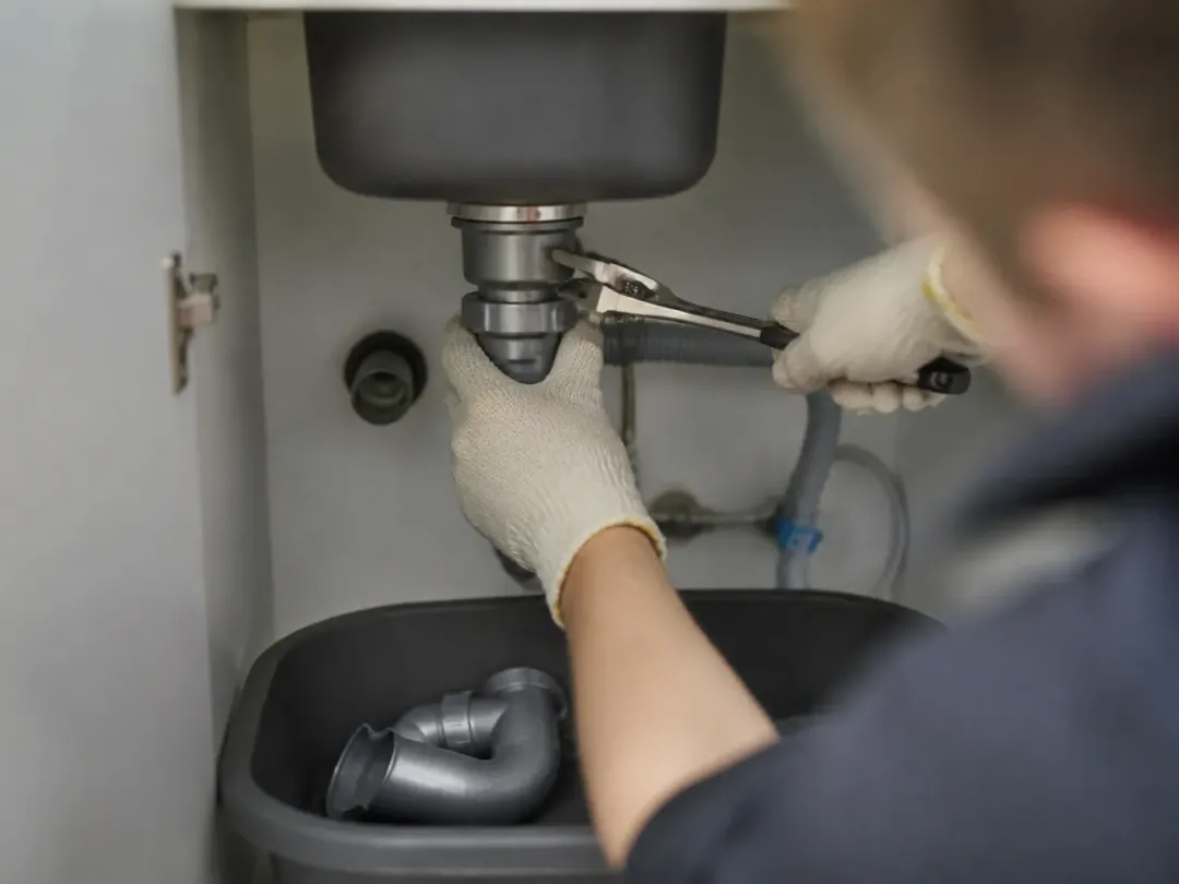 Mains gantées desserrant l’écrou d’un siphon sous un évier avec une clé à molette