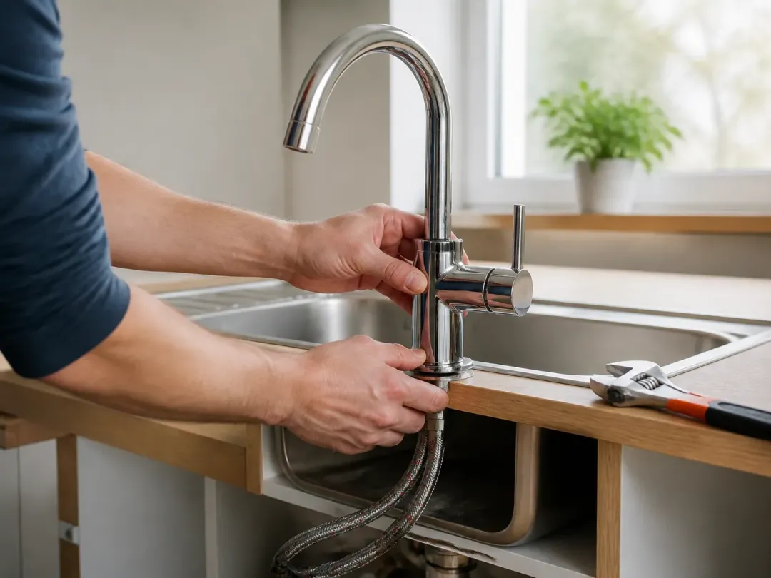 Mains installant un mitigeur chromé sur un évier inox, flexibles d’alimentation visibles sous le plan de travail