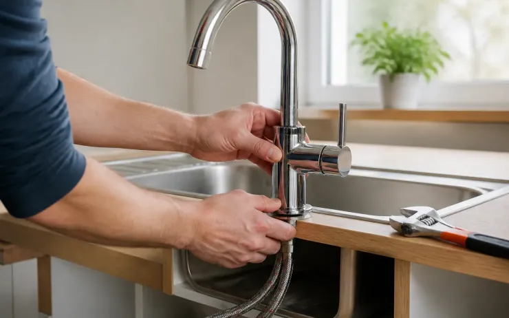 Mains installant un mitigeur chromé sur un évier inox, flexibles d’alimentation visibles sous le plan de travail