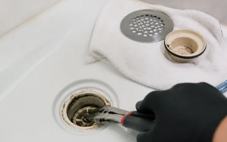 Main gantée retirant les cheveux d'une bonde de receveur de douche à la pince, grille posée sur une serviette