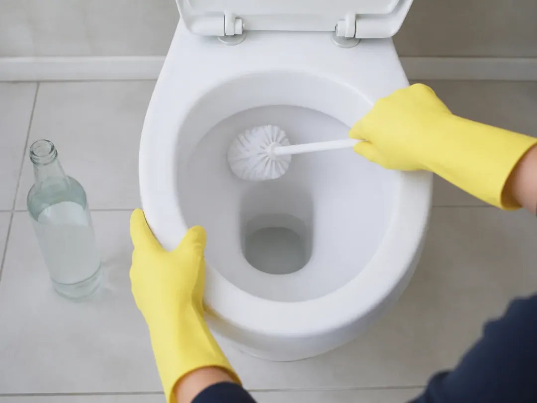 Mains en gants de ménage frottant l’intérieur d’une cuvette de WC à la brosse, bouteille de vinaigre blanc posée au sol