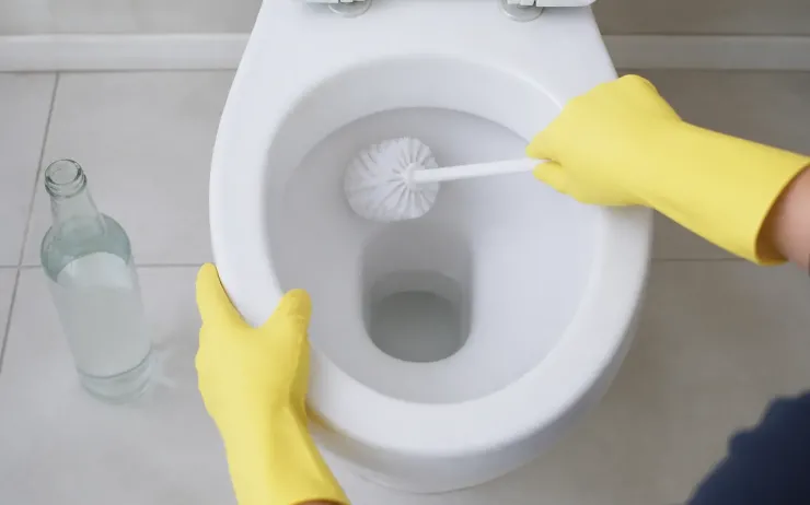 Mains en gants de ménage frottant l’intérieur d’une cuvette de WC à la brosse, bouteille de vinaigre blanc posée au sol