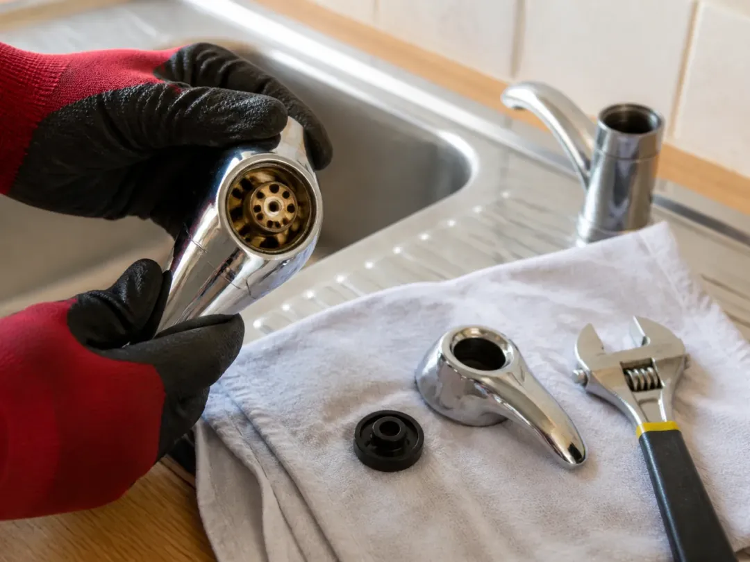 Mains gantées tenant la tête d’un robinet démonté au-dessus d’un évier, poignée, joint et clé à molette posés sur un torchon