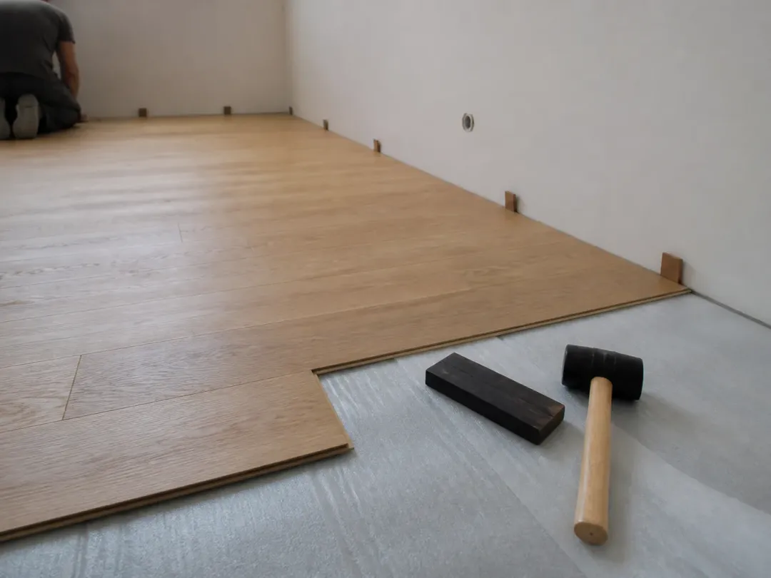 Parquet flottant en cours de pose sur sa sous-couche, cales le long du mur, maillet et cale de frappe