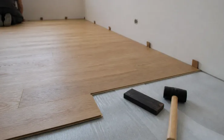 Parquet flottant en cours de pose sur sa sous-couche, cales le long du mur, maillet et cale de frappe