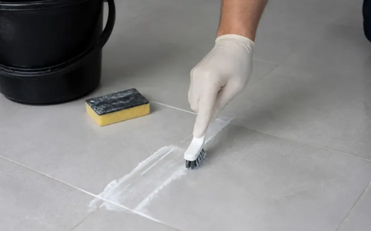 Main gantée brossant un joint de carrelage gris clair enduit de pâte blanche, éponge et seau à côté