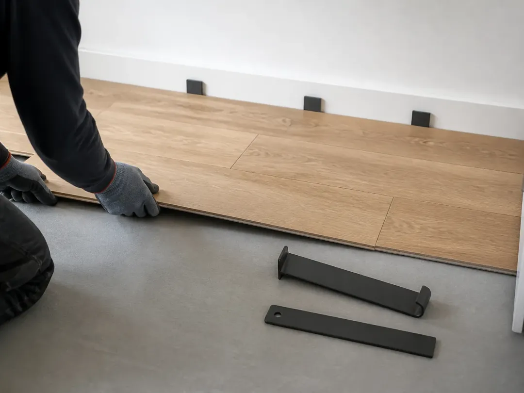 Mains gantées engageant une lame de parquet sur une sous-couche grise, cales de dilatation le long du mur