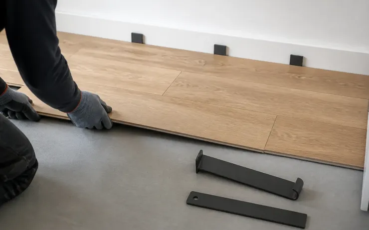 Mains gantées engageant une lame de parquet sur une sous-couche grise, cales de dilatation le long du mur