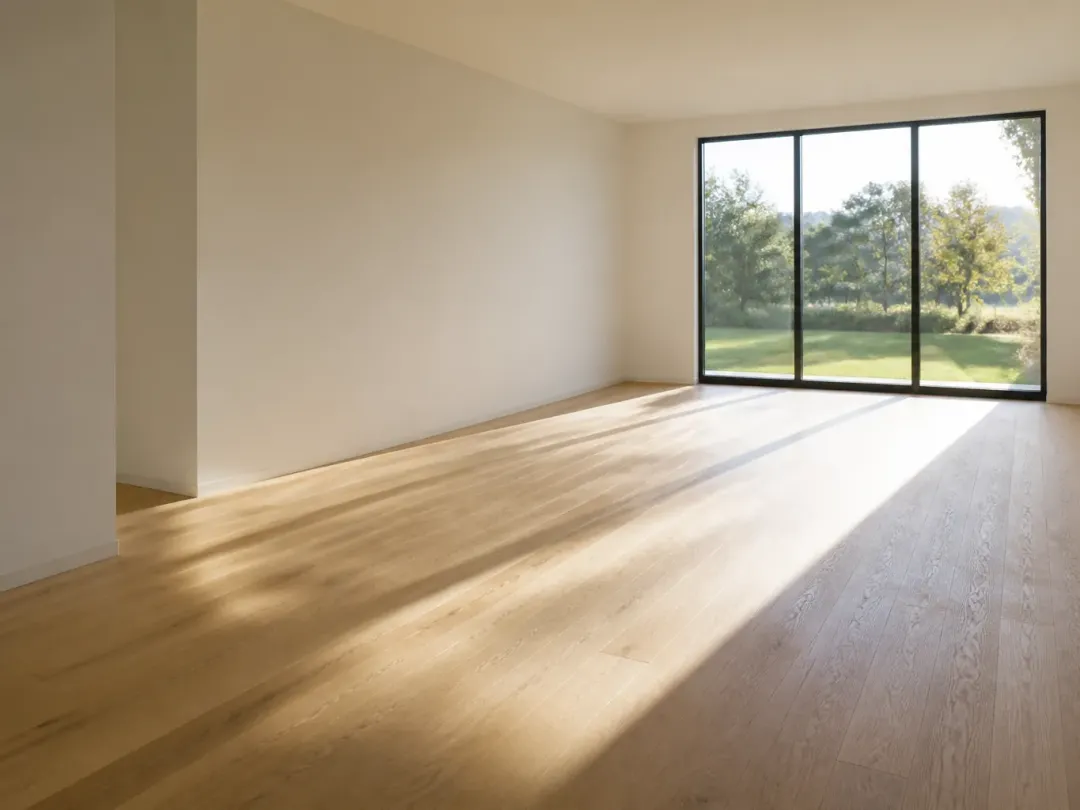 Pièce vide au parquet en chêne clair dont les lames sont orientées vers une grande baie vitrée