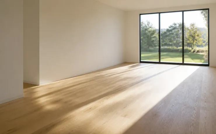 Pièce vide au parquet en chêne clair dont les lames sont orientées vers une grande baie vitrée