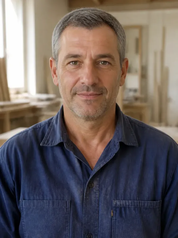 Portrait de Sylvain Queyrel, en chemise de travail bleue, dans un atelier de menuiserie